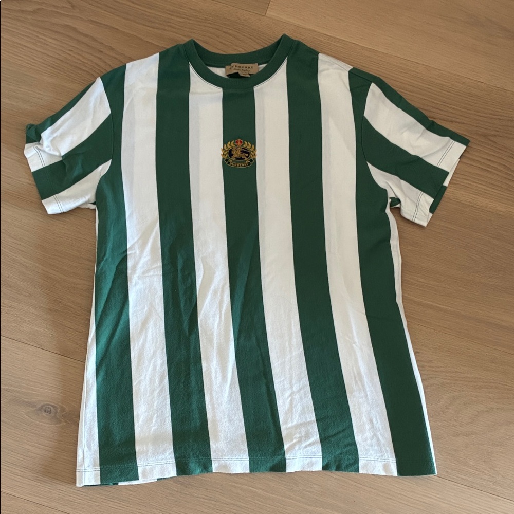 Burberry Green and White Striped embroidered Tee